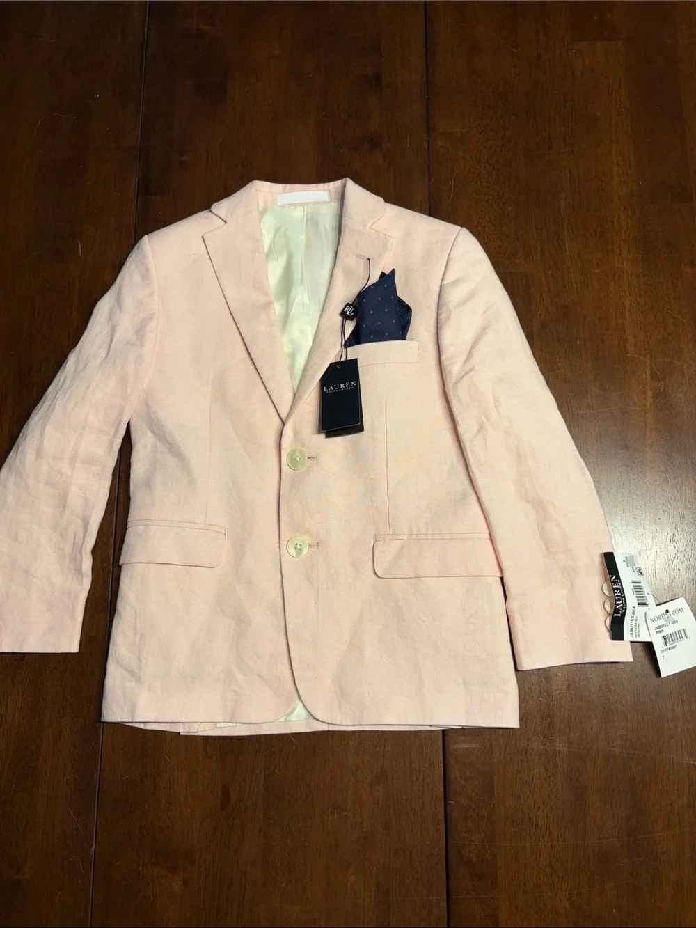 Ralph Lauren Light Pink Linen Sport Coat with Navy Pocket Square